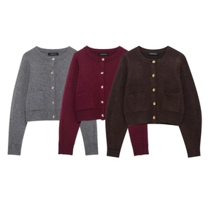 Three-color women knit cardigan set with gold buttons in dark grey wine red and brown