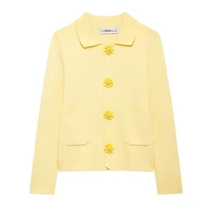 Women's Sweet Polo Collar Knit Cardigan Long Sleeve Sweater With 3D Flower Buttons And Front Pockets Light Yellow Top