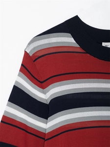 Detailed view of striped knit top neck with fine ribbing and colorful horizontal patterns