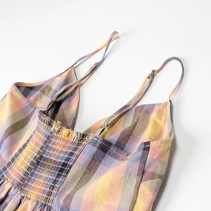 Detail of adjustable straps and smocking process on plaid cotton linen dress