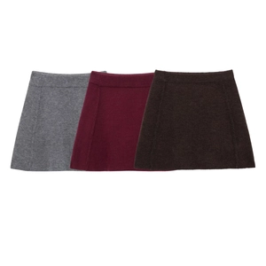 Women's knit A-line mini skirt set in gray, burgundy and dark coffee with gold buttons