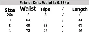 Size chart for wine red knitted skirt set showing waist and hip measurements in cm