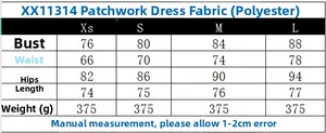 Tableau des tailles pour robe courte bicolore avec mesures du buste, taille et longueur