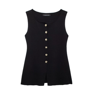 Gilet en tricot noir pour femmes avec boutons dorés élégants et col rond tendance