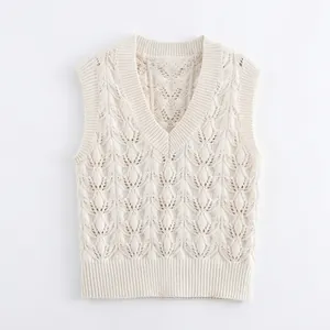 Gilet en Maille Ajourée Col en V pour Femmes Beige Sans Manches Pull au Crochet Débardeur Bord-côte Haut Décontracté Printemps