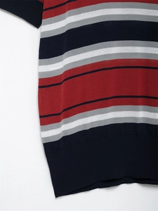 Detail of vintage striped knit polo shirt with ribbed hem and high-quality texture