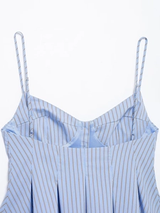 Detail of blue and brown pinstripe camisole top featuring v-neck and pleats