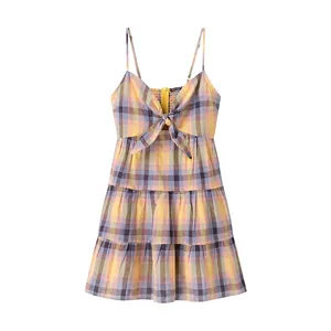 Women Multicolored Plaid Tiered Mini Dress Spaghetti Strap V-Neck Smocked Backless A-Line Sweet Summer Vacation Party Dress