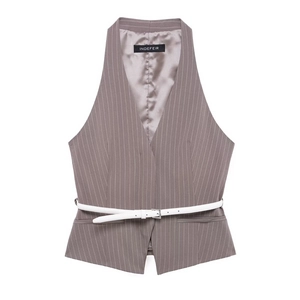 Gilet da donna grigio gessato con cintura in pelle bianca, collezione primavera 2025