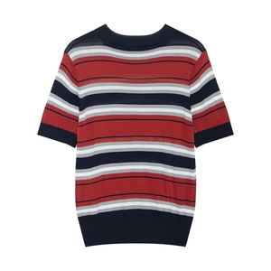 Women's short-sleeved knit top featuring classic red, navy, and white stripes on a white base