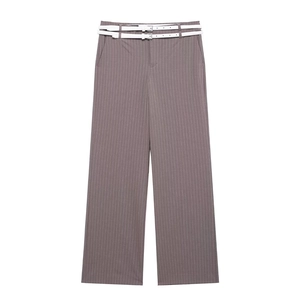 Pantaloni a gamba larga gessati color talpa da donna con doppia cintura bianca alla moda