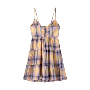 Plaid tiered mini dress with yellow and purple check pattern and adjustable straps