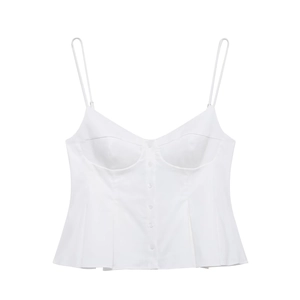 Detailed view of white poplin corset top with thin straps and decorative buttons