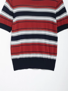 Detail of multi-color striped knit top with navy blue ribbed cuffs and hem texture