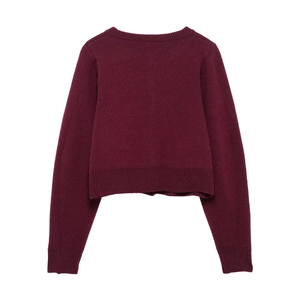 Detailed back view of a burgundy knit cardigan featuring ribbed cuffs and hem texture