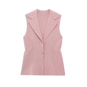 Gilet en tricot sans manches rose avec col à revers et boutons dorés pour femmes