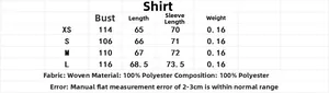 Size chart for women's V-neck ruffle blouse showing measurements and material data