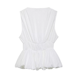 White sleeveless peplum top with textured fabric and elastic waist for elegant style