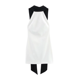 Mini robe dos nu minimaliste contrastée noir et blanc avec rubans décoratifs pour femme