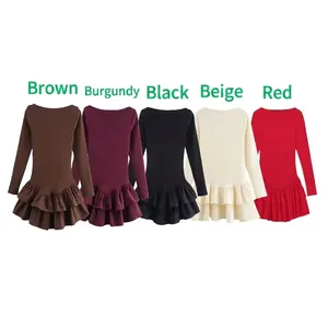 Slim fit long sleeve dress with pleated ruffle hem available in five versatile colors