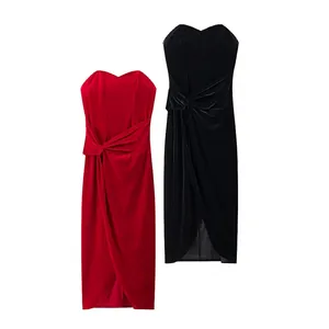 Femme Sexy Velours Sans Bretelles Tube Top Midi Robe Nœud Torsadé Fente Dos Nu Lacet Fête Soirée Moulante Robe Portefeuille