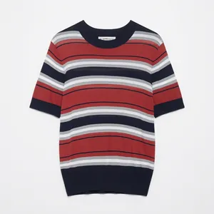 Women Casual Striped Short Sleeve Knit Top Round Neck Retro Academy Style Soft Polyester Pullover Sweater Daily Fashion Top