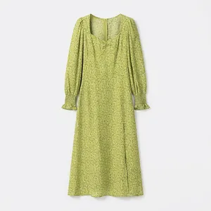 Women Green Floral Print Puff Sleeve Square Neck Midi Dress Side Split Elegant High Waist A-Line Casual Spring Summer Gown