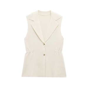 Gilet en maille sans manches beige avec col à revers et taille froncée à boutons dorés