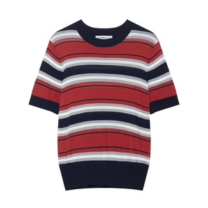 Women's 2025 early spring casual striped knit polo shirt with round neck design