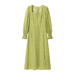Fresh light green floral A-line midi dress with puffed long sleeves and heart neckline