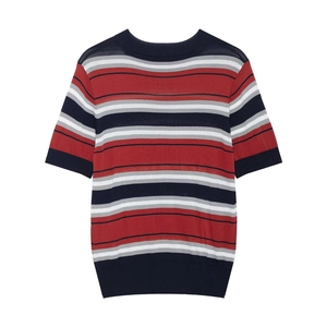 Women's casual short sleeve striped knit polo shirt in red, navy, and white
