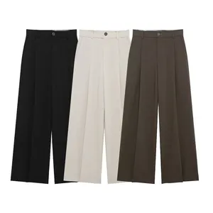 Women High Waisted Wide Leg Trousers Straight Leg Suit Pants Pleated Commuter Professional Solid Color Fashion Long Trousers