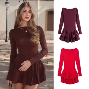 Women Long Sleeve Crew Neck Ruffle Hem Dress Solid Color Slim Fit Pleated Mini Dress Elegant Commuter Style Fashion Casual