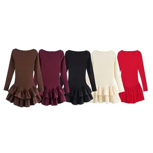 Elegant multi-color long sleeve pleated mini dresses with layered ruffled hem design