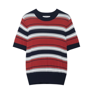Women's 2025 spring striped polo knit top with red and navy blue horizontal patterns