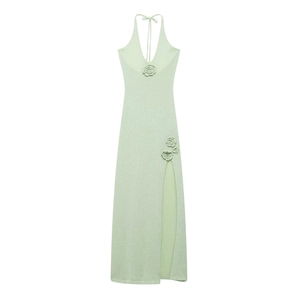 Mint green V-neck halter knit dress with 3D floral accents and high side slit