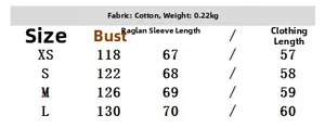 Detailed size chart for cotton lace shirt showing bust and length measurements in centimeters