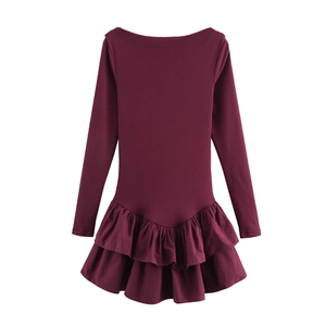 Burgundy long sleeve dress with elegant off-shoulder neckline and double ruffle hem details