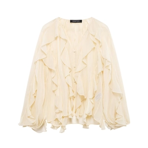 Elegant off-white ruffled chiffon blouse with deep V-neck and stylish lantern sleeves