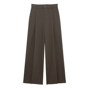Women's high waist wide leg straight trousers in dark olive green for office wear