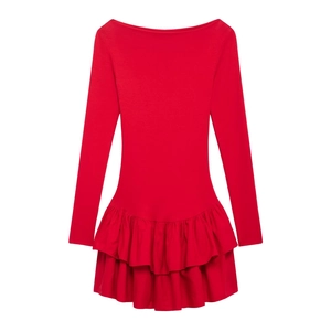 Elegant red long sleeve mini dress featuring a boat neck and pleated ruffle hem design