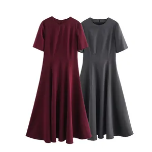 Robe Midi Trapèze Élégante à Manches Courtes pour Femmes Col Rond Taille Haute Plissée Couleur Unie Décontractée Bureau