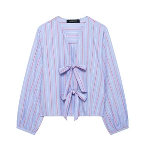 Women Casual Striped Blouse V Neck Long Lantern Sleeve Shirt Front Bow Knot Tie Top Light Blue Red White Stripe Spring