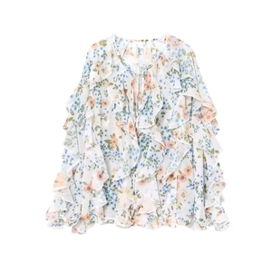 Detail of layered ruffles and v-neck on white floral chiffon long sleeve blouse