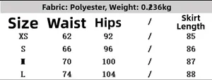 Size chart for yellow pleated maxi skirt showing measurements for XS to L in polyester