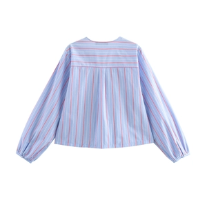 Back view of light blue striped long sleeve shirt with bow detail and pleated back yoke