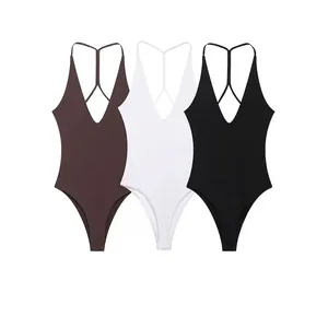 Sexy V Neck Ribbed Bodysuit For Women Spaghetti Strap Y Back Slim Fit Solid Color Sleeveless Jumpsuit One Piece Swimsuit