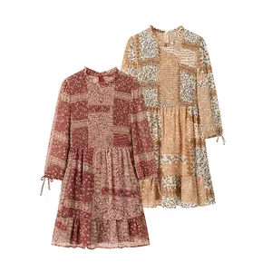 Women's Bohemian Paisley Floral Patchwork Dress Long Sleeve Smocked Ruffle Midi Tiered Dress Vintage Holiday Vacation Top