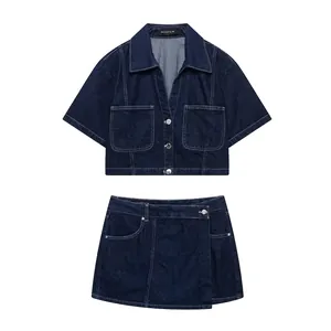 Women Denim Style Polyester Short Sleeve Shirt And Skort Set Contrast Stitching Pocket Casual Top And Bottom