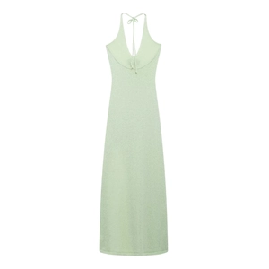 Elegant mint green halter neck maxi dress with deep V-neck and slimming knitted texture